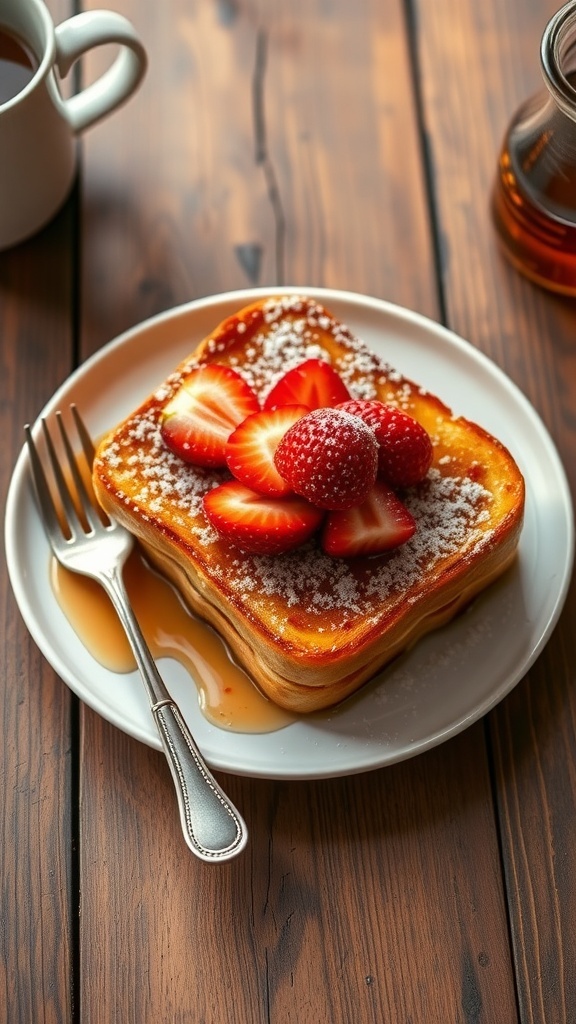 Classic French Toast Recipe Golden-brown French toast topped with strawberries and powdered sugar, drizzled with syrup on a wooden table.